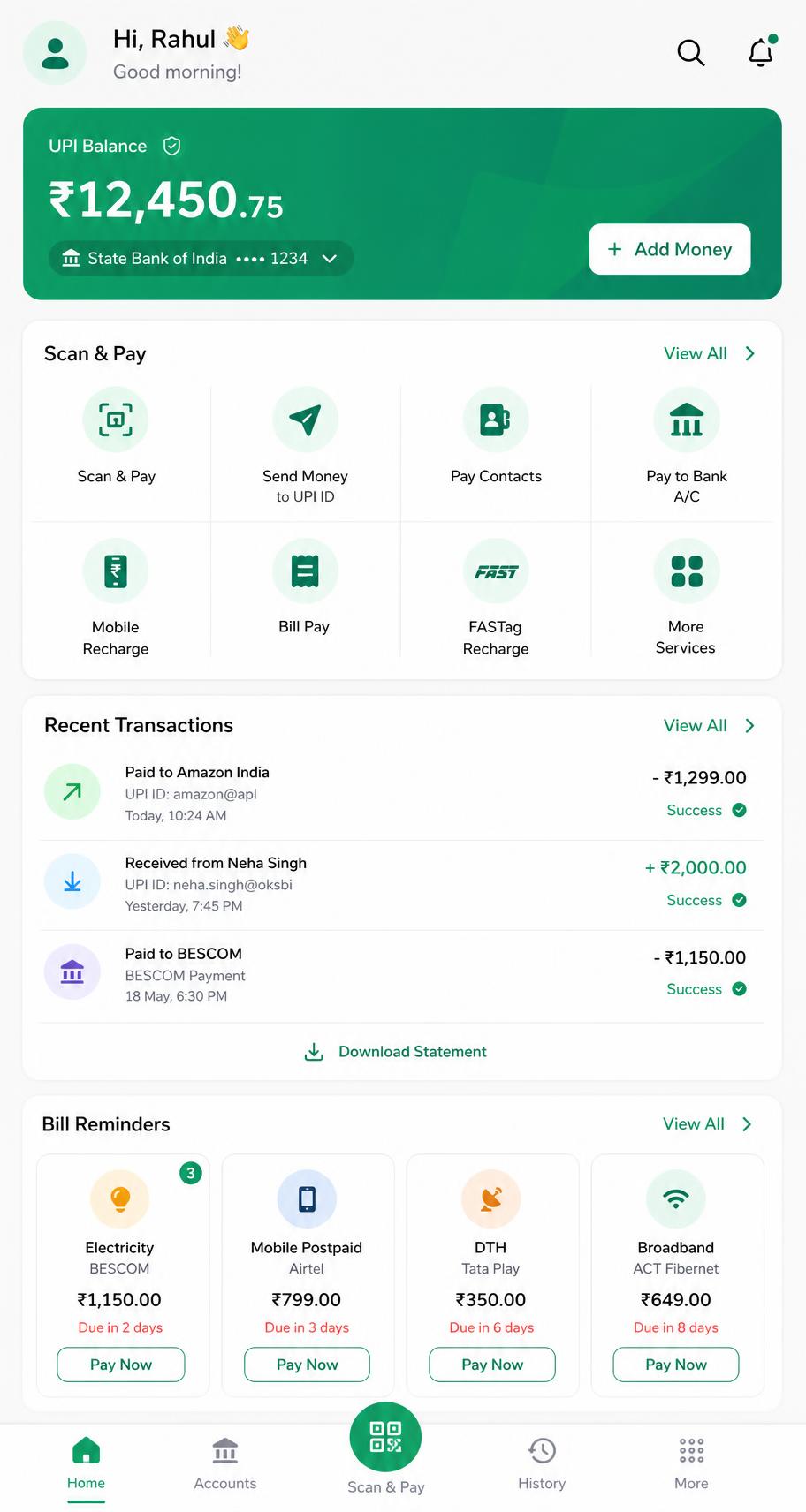 Dhaniti UPI and bill payments app screen